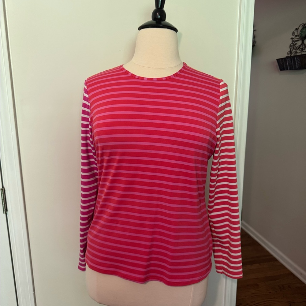 Lands' End Pink, Orange and White Striped Fitted Long Sleeve Tee